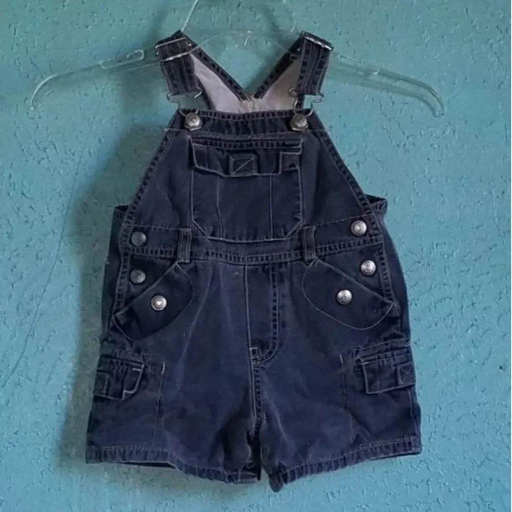 Vintage Baby Gap Overalls Shorts Black Denim Infant Baby 6-12M Boy Girl